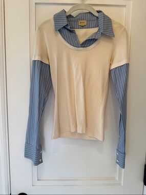 ELLA MOSS!Cream t shirt with Blue Striped Shirt.LAYERED LOOK WITHOUT THE BULK.
